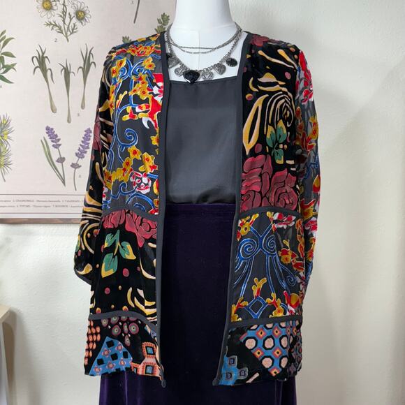 Multiples Jackets & Blazers - Floral Patchwork Burnout Velvet Jacket Whimsigoth Dark Fairy Y2k Artsy Boho PS